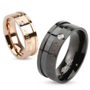 With Love with Kiss Inscribed Stainless Steel Ring with Single CZ-WildKlass Jewelry