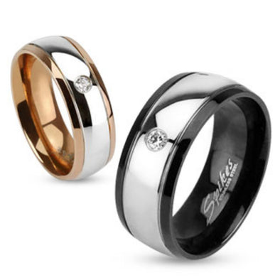 Inner Black & Rose Gold IP Two Toned Stainless Steel Dome Ring with Single CZ-WildKlass Jewelry