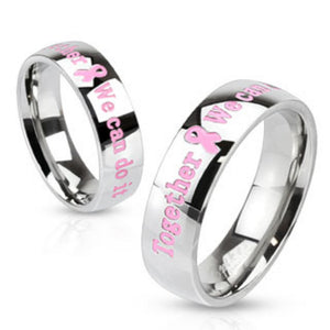 Pink Awareness Epoxy Letters "Together We can do it" Stainless Steel Dome Band Ring-WildKlass Jewelry