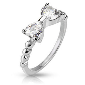 Two Heart CZs Pronged Ribbon Band Ring Stainless Steel-WildKlass Jewelry