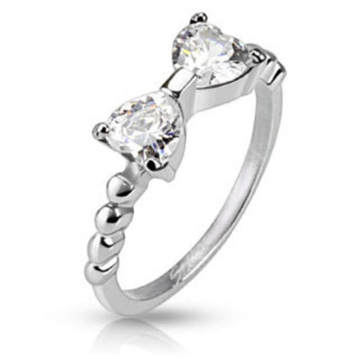Two Heart CZs Pronged Ribbon Band Ring Stainless Steel-WildKlass Jewelry