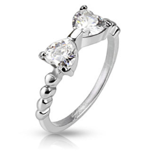 Two Heart CZs Pronged Ribbon Band Ring Stainless Steel-WildKlass Jewelry