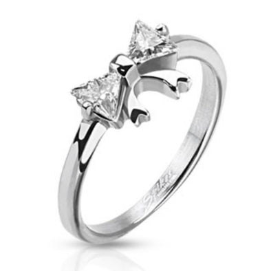 Ribbon with Double Pronged Trilliant Cut CZ Ring Stainless Steel-WildKlass Jewelry