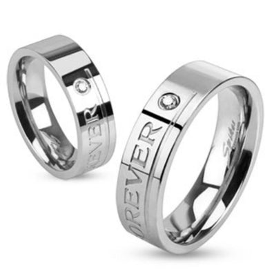 "Love You Forever" Engraved Stainless Steel Band Ring with Single CZ-WildKlass Jewelry