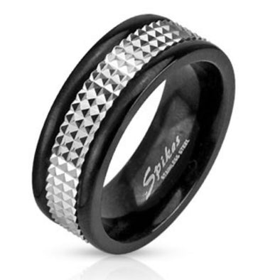 Spiked Center Spinner Ring Two Toned Black IP Stainless Steel-WildKlass Jewelry