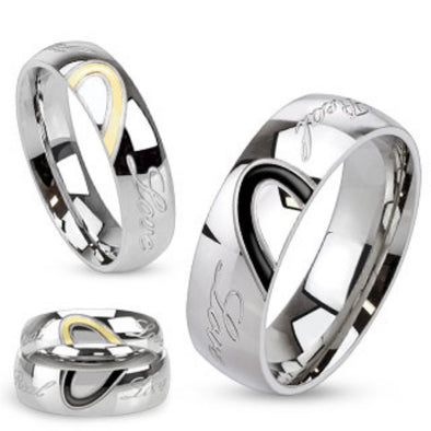 Half Heart Two Toned with "Real Love" Engraved Dome Band Stainless Steel Ring-WildKlass Jewelry