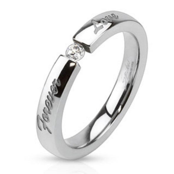 "Forever Love" Engraved Stainless Steel Band Ring with 3mm Tension set CZ-WildKlass Jewelry