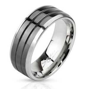 Triple Grooved Center Black IP Stainless Steel Band Ring with Beveled Edges-WildKlass Jewelry