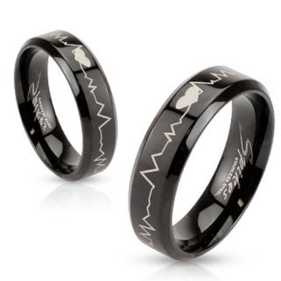 Heartbeat Laser Etched Stainless Steel Black IP Band Ring-WildKlass Jewelry