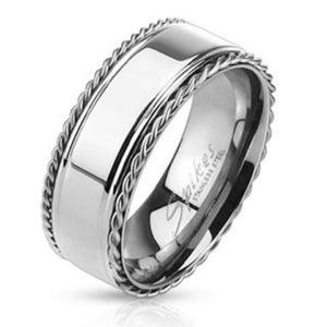 Stainless Steel Glossy Center Band Ring with Braided Chain Edges-WildKlass Jewelry