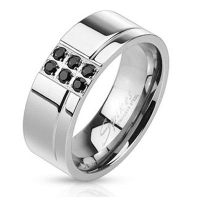 Single Grooved Line with Paved Black CZs Band Ring Stainless Steel-WildKlass Jewelry