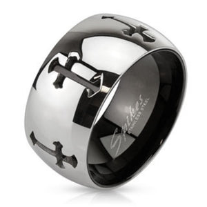 Grooved Crosses Two Tone Inner Black IP Over Stainless Steel Band Ring-WildKlass Jewelry