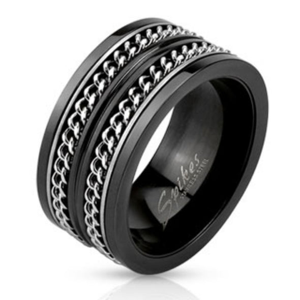 Layered Cuban Chains Stainless Steel Black IP Spinner Ring-WildKlass Jewelry