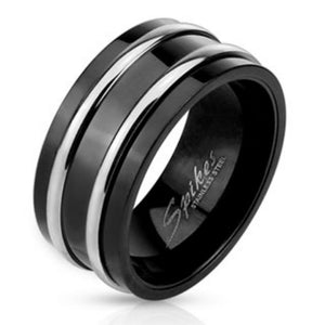 Double Dome Lines Center Two Toned Spinner Ring Stainless Steel-WildKlass Jewelry