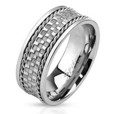 Checkered Center Stainless Steel Ring with Double Braided Lines-WildKlass Jewelry