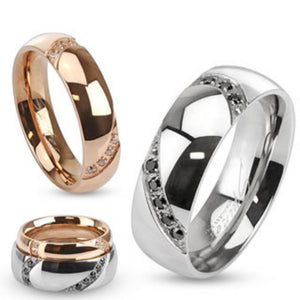 Half Heart Gem Paved Stainless Steel Couple Ring-WildKlass Jewelry