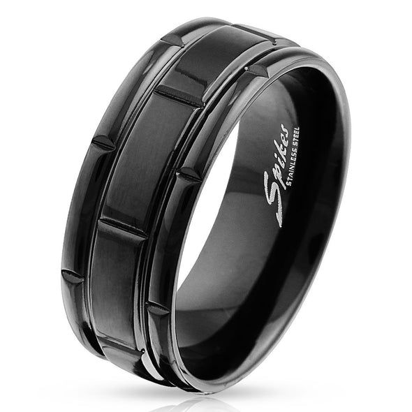 Box Grooved Black IP Stainless Steel Ring-WildKlass Jewelry