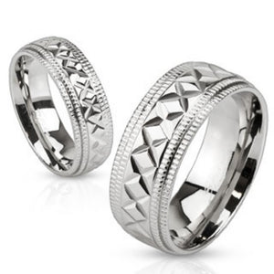Multi-Diagonal Cut Center Stainless Steel Band Ring with Etched Edges-WildKlass Jewelry