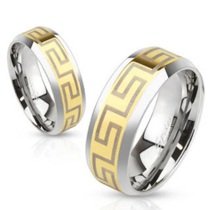 Laser Etched Maze Gold IP Center Stainless Steel Band Ring with Beveled Edge-WildKlass Jewelry