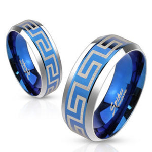Laser Etched Maze Blue IP Center Stainless Steel Band Ring with Beveled Edge-WildKlass Jewelry