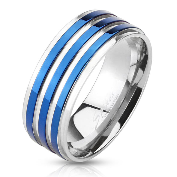 Blue IP Striped Stainless Steel Ring-WildKlass Jewelry