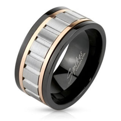 Tri Toned Stainless Steel Spinner Ring with Grooved Center-WildKlass Jewelry