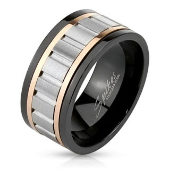 Tri Toned Stainless Steel Spinner Ring with Grooved Center-WildKlass Jewelry