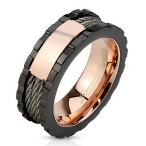 Wires and Rose Gold Middle Plate Black IP Stainless Steel Ring-WildKlass Jewelry