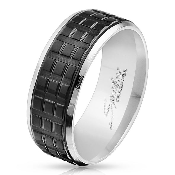 Square Grooved Black IP Center with Beveled Edge Stainless Steel Ring-WildKlass Jewelry