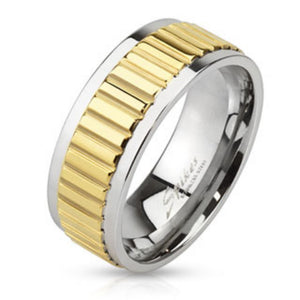 Groove Lined Gold IP Center Stainless Steel Band Ring-WildKlass Jewelry
