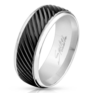 Diagonal Groove Black IP Lined Center Stainless Steel Band Ring-WildKlass Jewelry