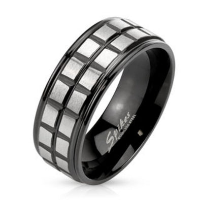 Square Groove Lines Brushed Center Stainless Steel Black IP Two Tone Band Ring-WildKlass Jewelry