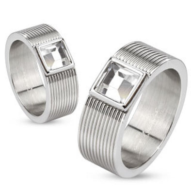 Multi Lined 316L S. Steel Rings with Bezel set Square CZ center-WildKlass Jewelry