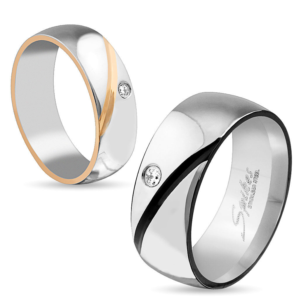 Colored IP Diagonal Line with Single CZ Stainless Steel Ring ...