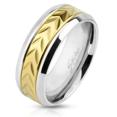 Arrow Engraved Gold IP Center Stainless Steel Ring with Beveled Edge-WildKlass Jewelry