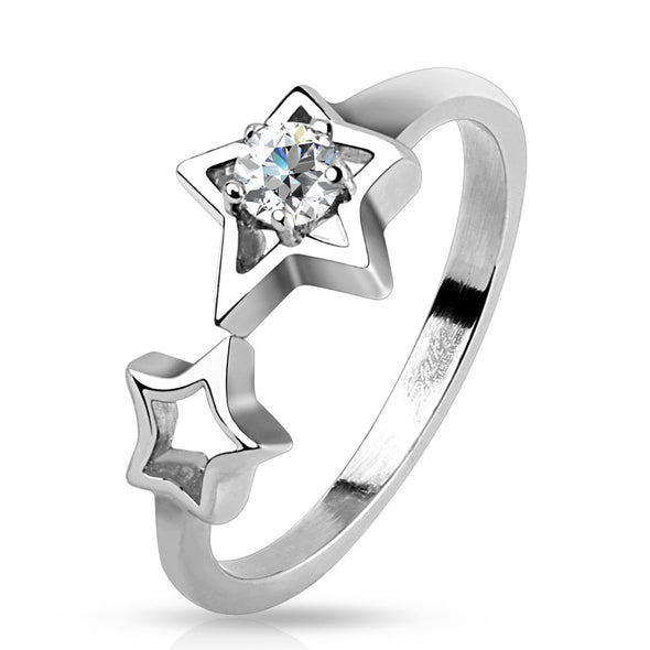 Two Hollow Stars with Clear CZ Stainless Steel Ring-WildKlass Jewelry