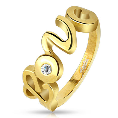Love with Clear CZ Gold IP Stainless Steel Ring-WildKlass Jewelry