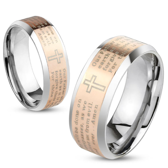 Lord's Prayer Rose Gold IP Beveled Edge Stainless Steel Ring-WildKlass Jewelry