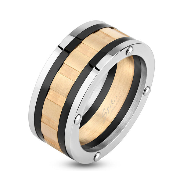 Three Toned Bolted Stainless Steel Ring with Grooved Center-WildKlass Jewelry