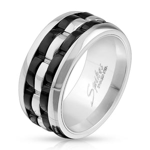 Two Tone Grooved 3-Part Spinner Center Stainless Steel Ring-WildKlass Jewelry