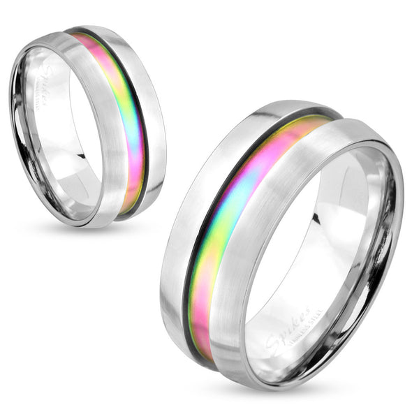 Dome Rainbow Center Inlay Stainless Steel Couple Ring-WildKlass Jewelry