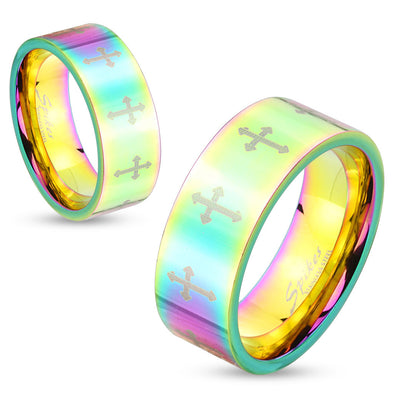 Rainbow Hued Cross Pattern Stainless Steel Couple Ring-WildKlass Jewelry