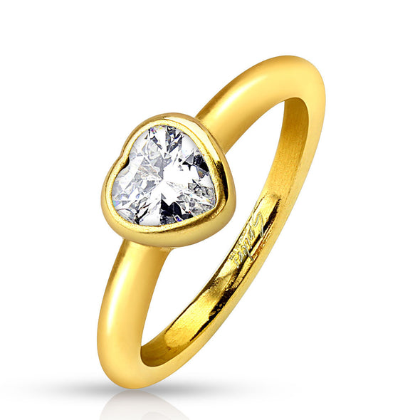 Bezel Heart Clear Gem Gold IP Stainless Steel Ring-WildKlass Jewelry