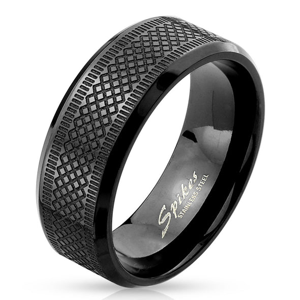 Diamond Grooved Black IP Stainless Steel Ring-WildKlass Jewelry