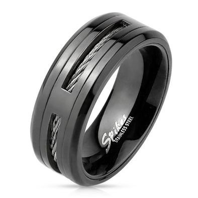 Center Cable Inlayed Black IP Stainless Steel Ring-WildKlass Jewelry