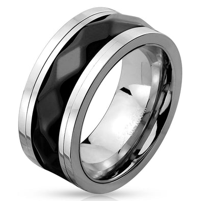 Two Tone Diamond Pattern Black IP Stainless Steel Spinner Ring-WildKlass Jewelry