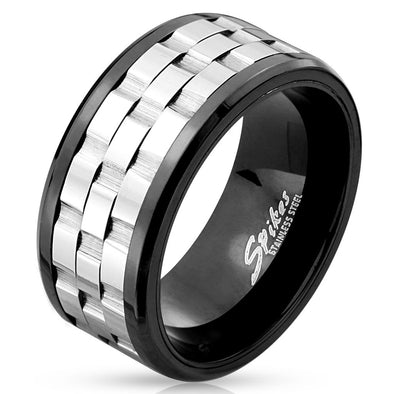 Two Tone Three Part Gear Black IP Stainless Steel Spinner Ring-WildKlass Jewelry