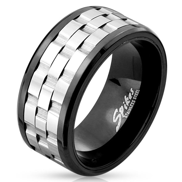 Two Tone Three Part Gear Black IP Stainless Steel Spinner Ring-WildKlass Jewelry