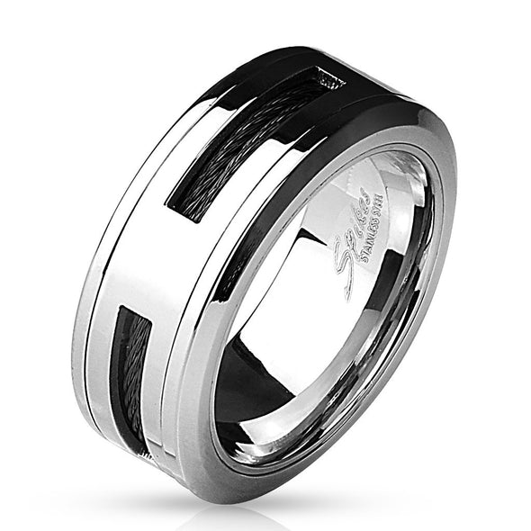 Black Cable Centered 316L Stainless Steel Ring-WildKlass Jewelry