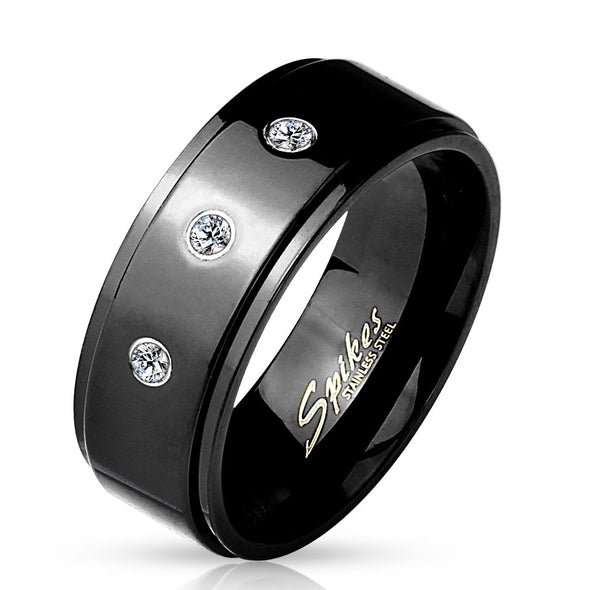 3 CZ Set Stepped Edge Black IP Stainless Steel Rings-WildKlass Jewelry
